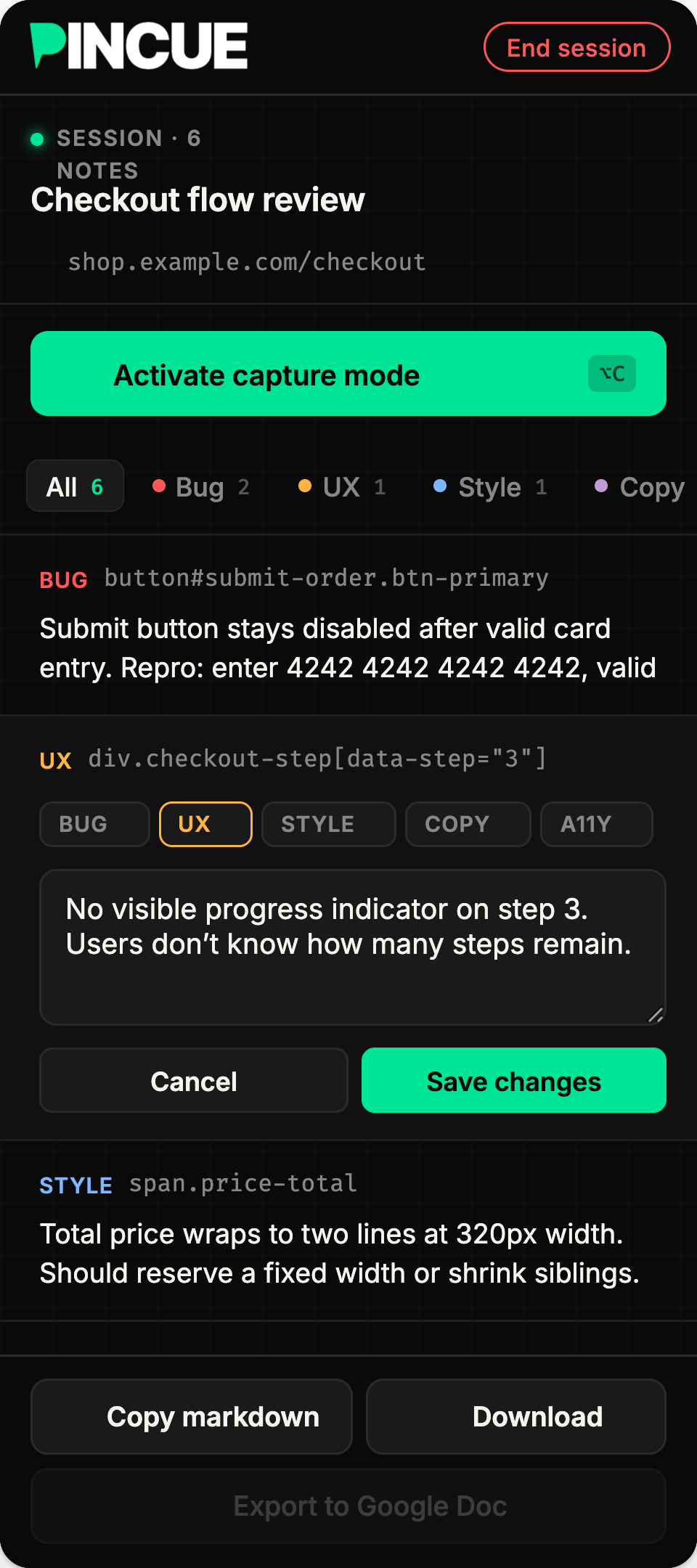 Inline note editor